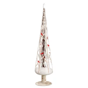Árbol de Navidad en Cristal con Nieve, Troncos y Pajaritos Rojos